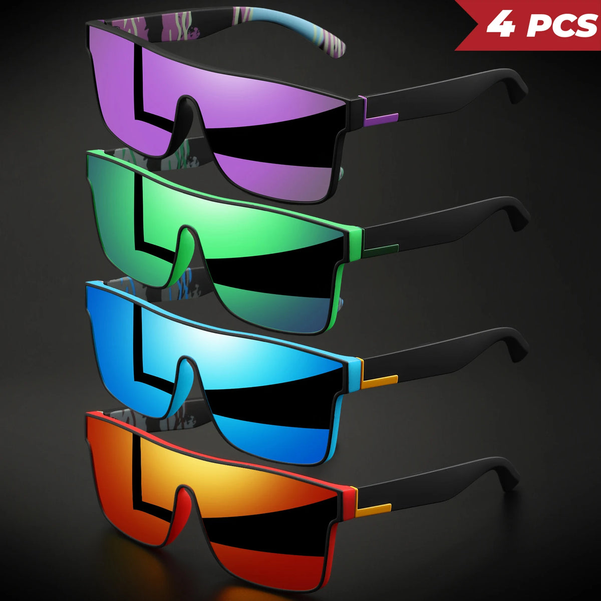 Four pairs of classic square sports sunglasses in purple, green, blue, and orange colors displayed against a dark background.
