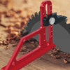A red precision depth gauge with a 45-degree angle is shown next to a table saw blade.