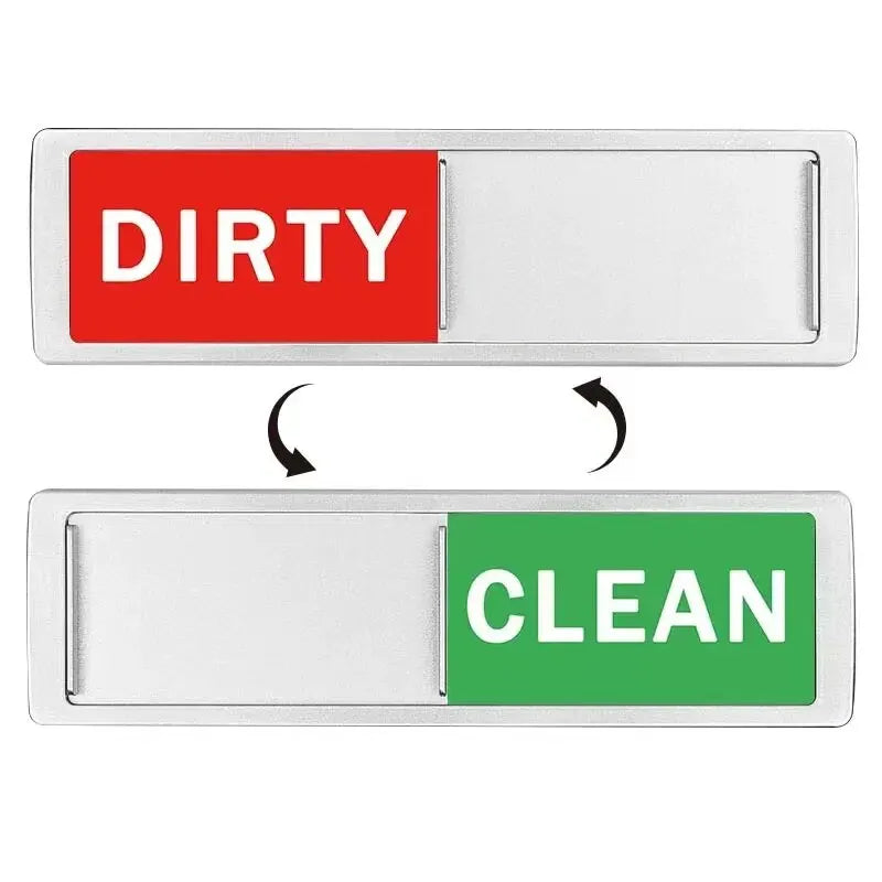 A magnetic sign with a red dirty section and a green clean section for use in dishwashers or refrigerators.
