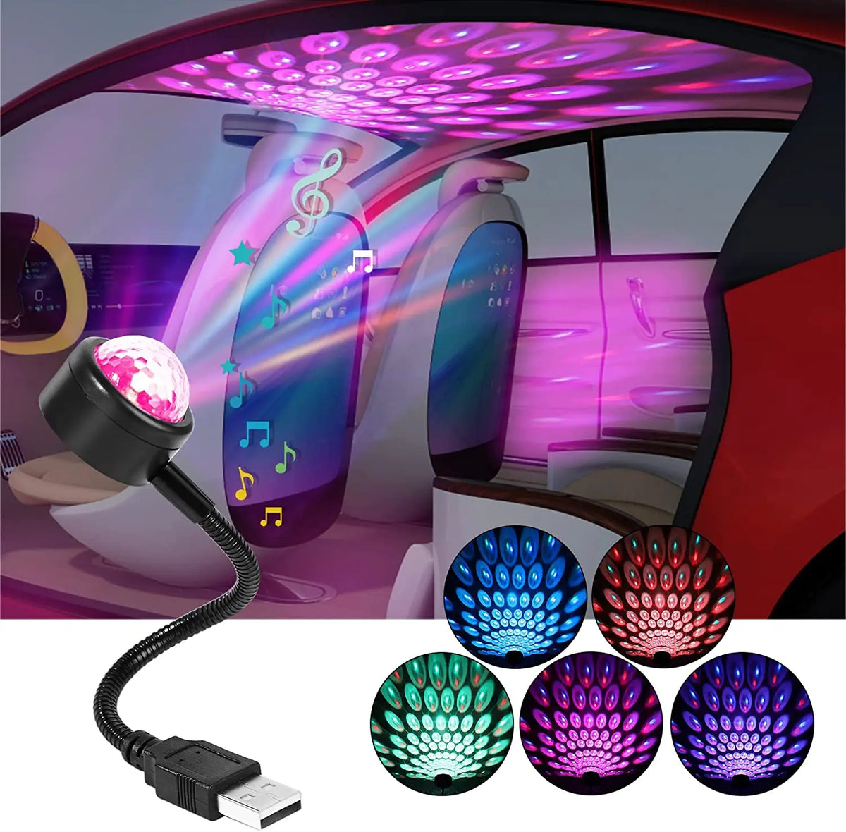 USB Music-Activated LED Projection Light with Flexible Neck