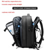 Black expandable travel laptop backpack featuring multi-level storage space and vacuum compression airtight features.