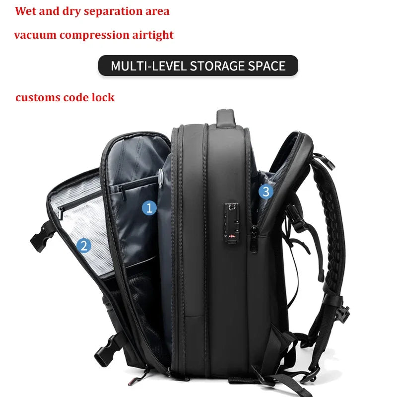 Black expandable travel laptop backpack featuring multi-level storage space and vacuum compression airtight features.