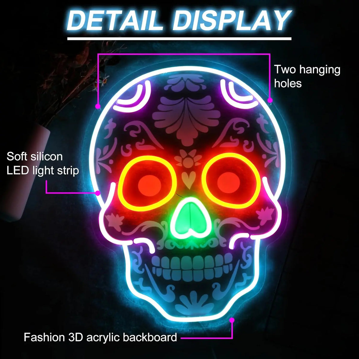 Detail display of a neon skull light featuring an LED light strip and two hanging holes on a fashion acrylic backboard