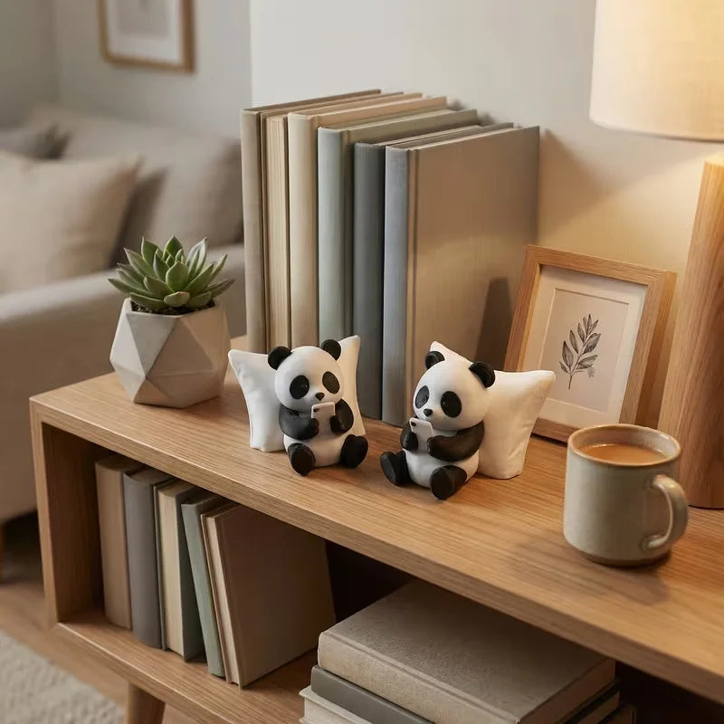 A playful panda figurine desktop decor sits on a wooden shelf next to books and a mug.