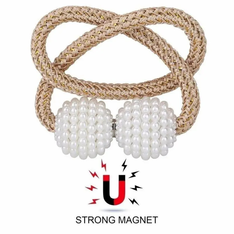 A set of eight elegant pearl magnetic curtain tie-back clips made of woven natural fiber.