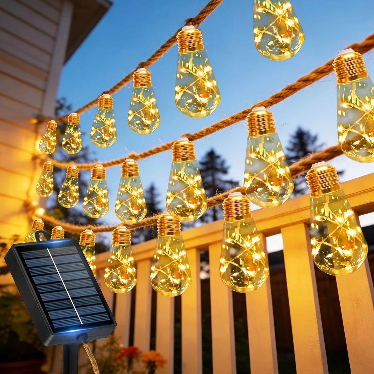 String lights with glowing bulbs hang over a wooden fence, powered by a solar panel.