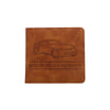 A brown leather document holder featuring a line drawing of a car and the text Registration & Insurance.