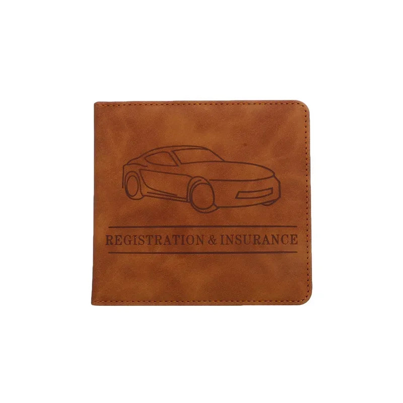 A brown leather document holder featuring a line drawing of a car and the text Registration & Insurance.