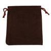 A dark brown velvet drawstring jewelry pouch with brown ties.