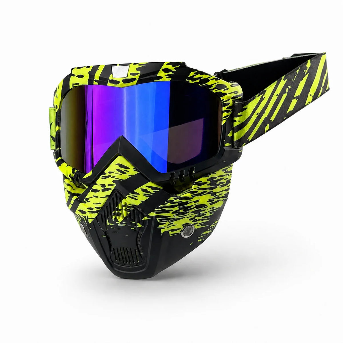Ein Paar mehrfarbiger taktischer Motorradbrille mit schwarzem Rahmen und gelb-schwarzem Camouflage-Muster.