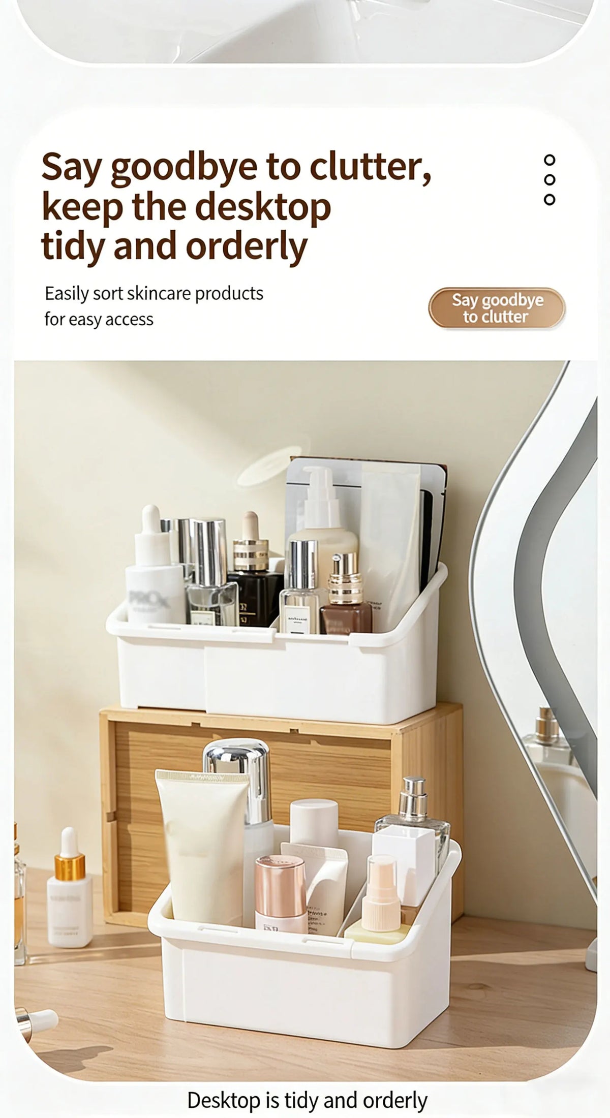A white expandable vanity cosmetic organizer holding various skincare products on a wooden desk.