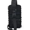 Sac tactique MOLLE noir avec sangle noire et motif camouflage.