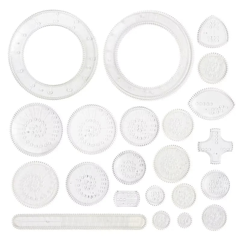 A collection of 22 clear plastic spirograph drawing pieces for creative kids