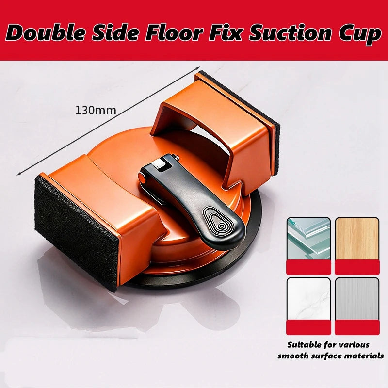 An orange double-sided floor fix suction cup tool with a black handle and rubber base.