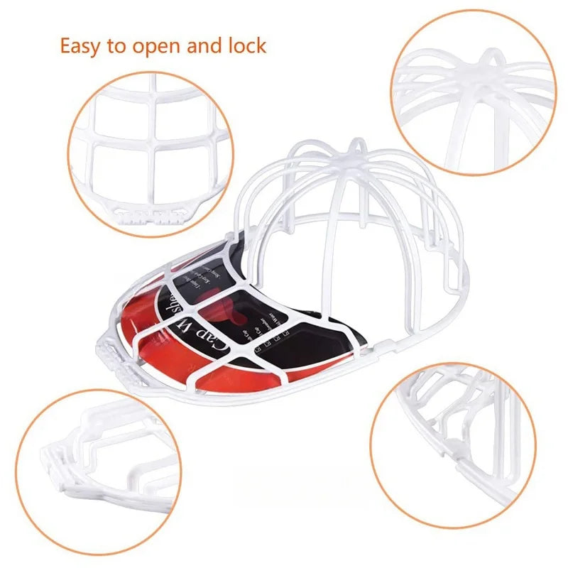 A set of three clear plastic washing cages for baseball caps, showing various angles and components.