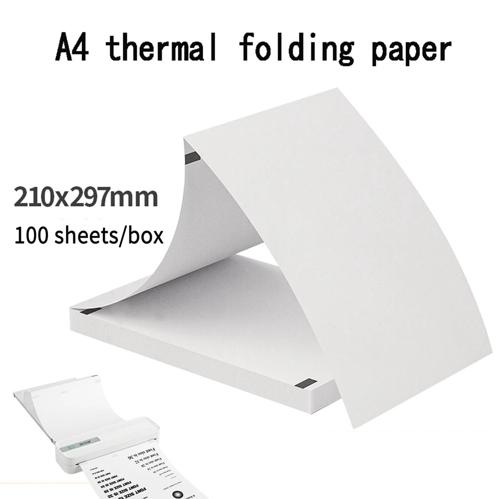 A stack of white A4 thermal folding paper sheets, measuring 210x297mm, shown folded and unfolded.