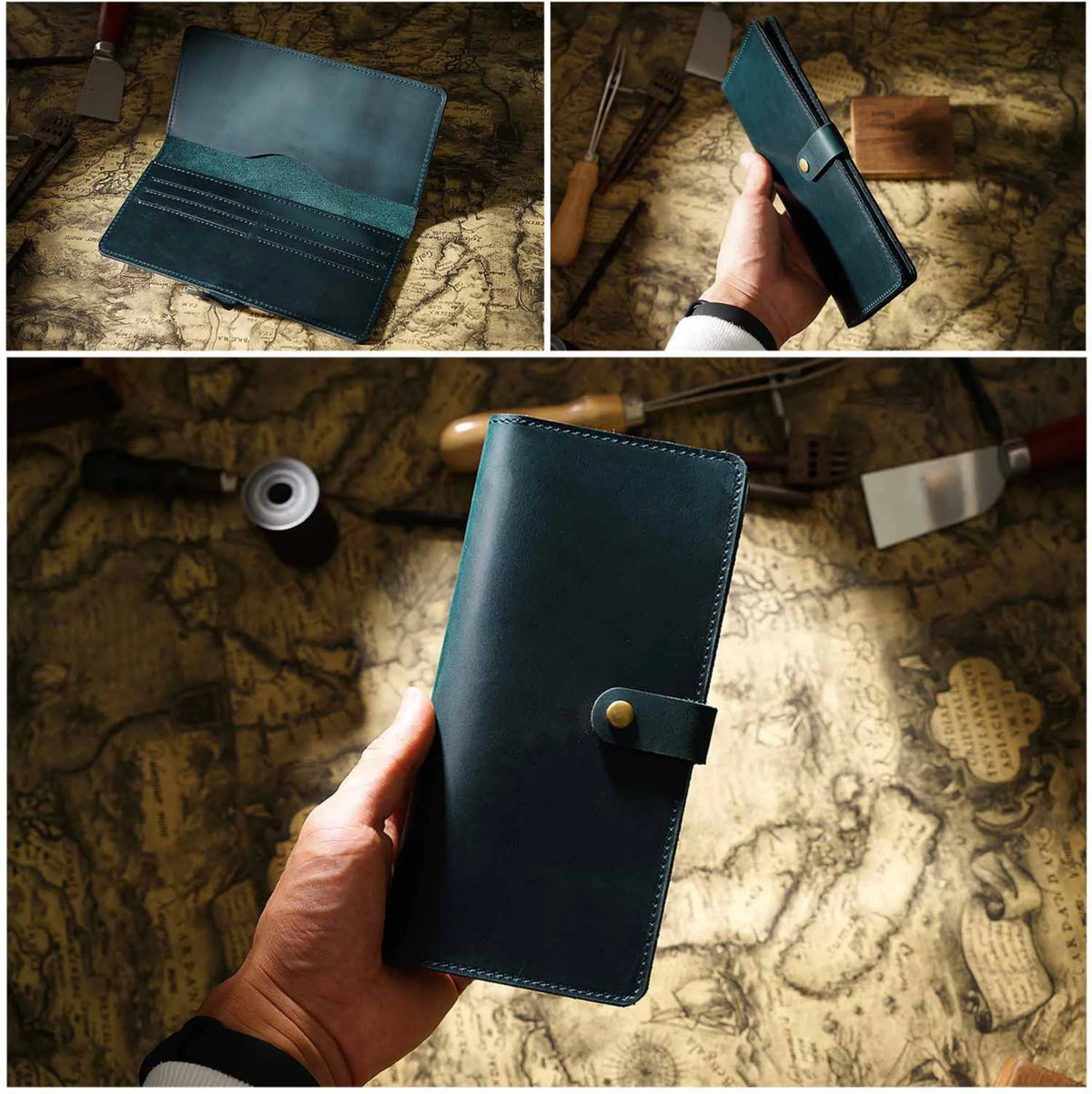 Vintage Leather Long Bifold Wallet with Snap Closure