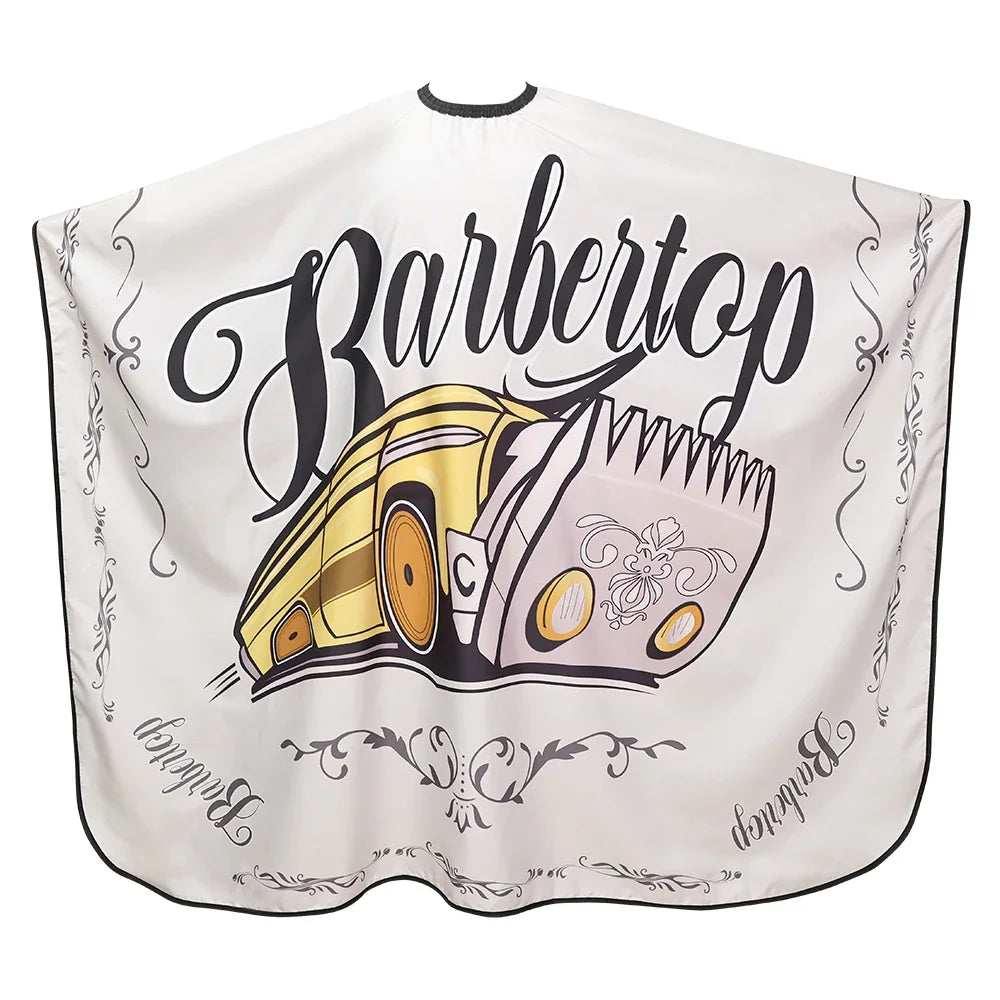 A white salon cape featuring a black script design of the word Barbertop and an illustration of a yellow and pink barber tool