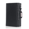 Portefeuille de carte en cuir véritable noir avec bloqueur RFID, vue verticale.