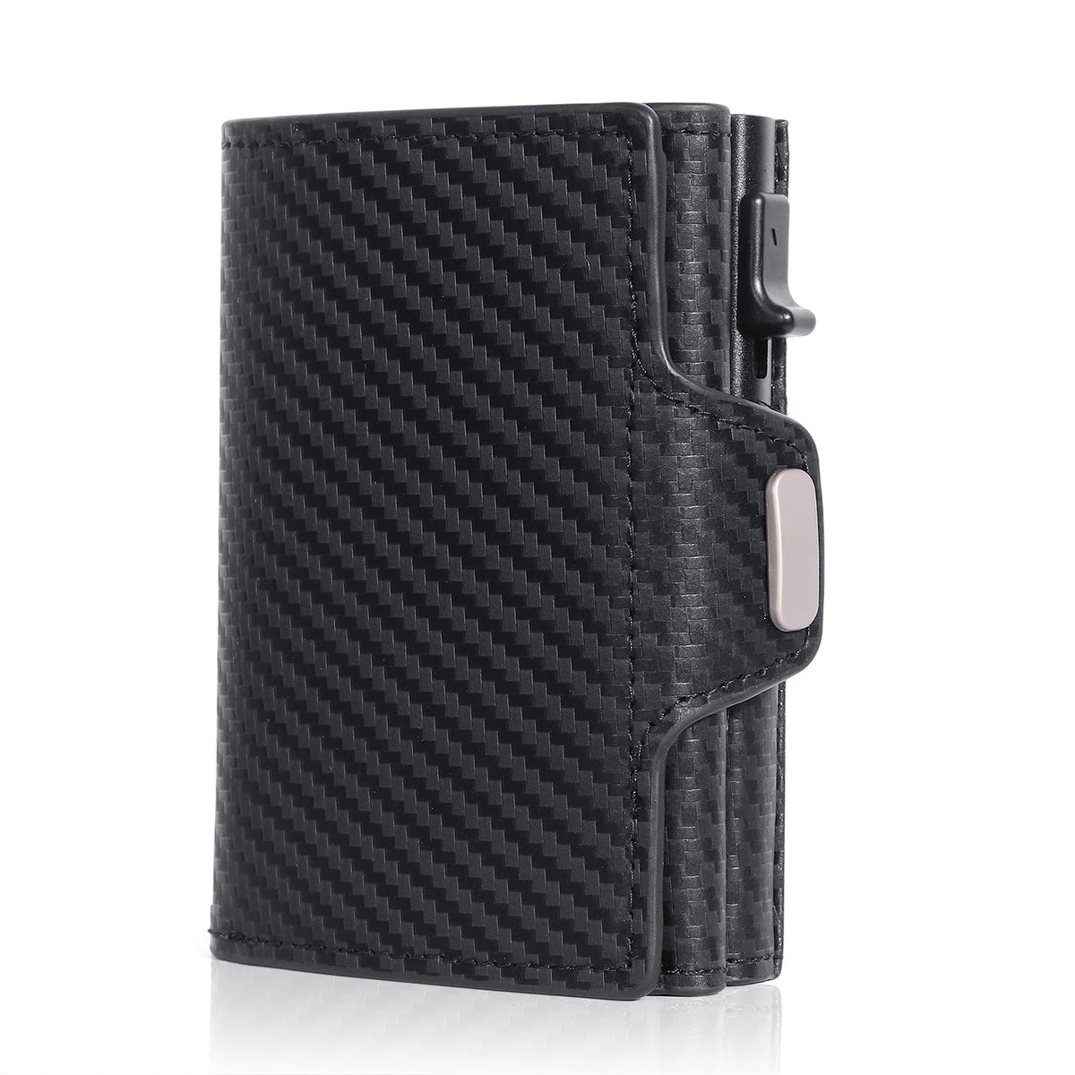 Portefeuille de carte en cuir véritable noir avec bloqueur RFID, vue verticale.