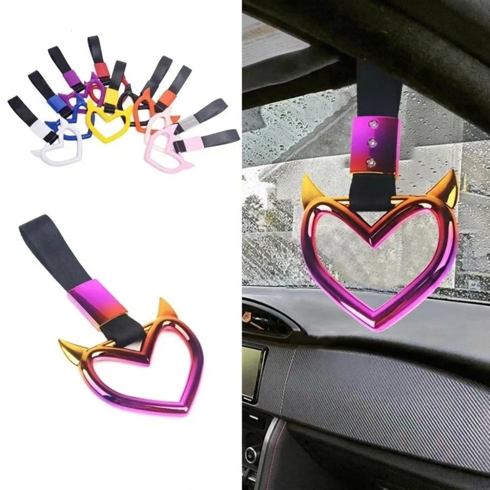 Assortment of heart-shaped car handle decor accessories with various colors and holographic finishes