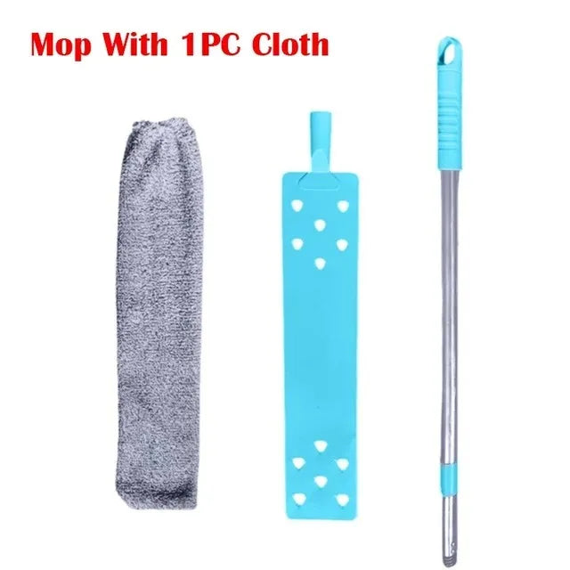 A telescopic microfiber duster with a blue handle and a gray cloth is shown.