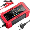 A red intelligent 12V6A car battery repair charger with an LCD display and power cable.