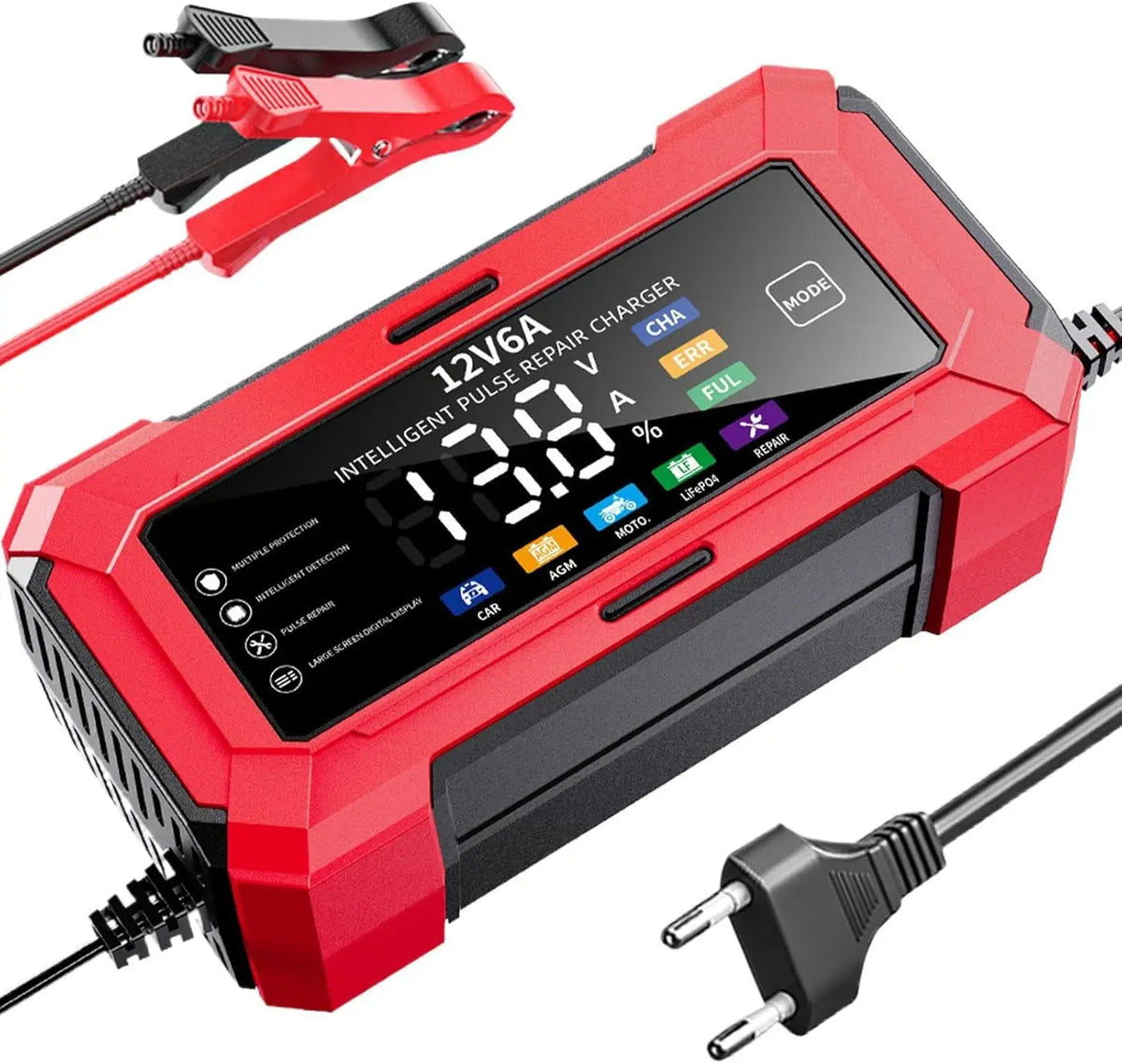 A red intelligent 12V6A car battery repair charger with an LCD display and power cable.