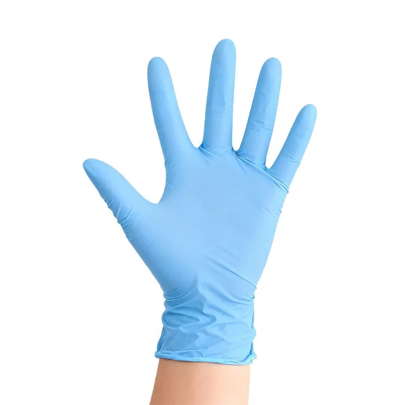 A hand wearing a light blue nitrile disposable glove, showing the fingers and palm.