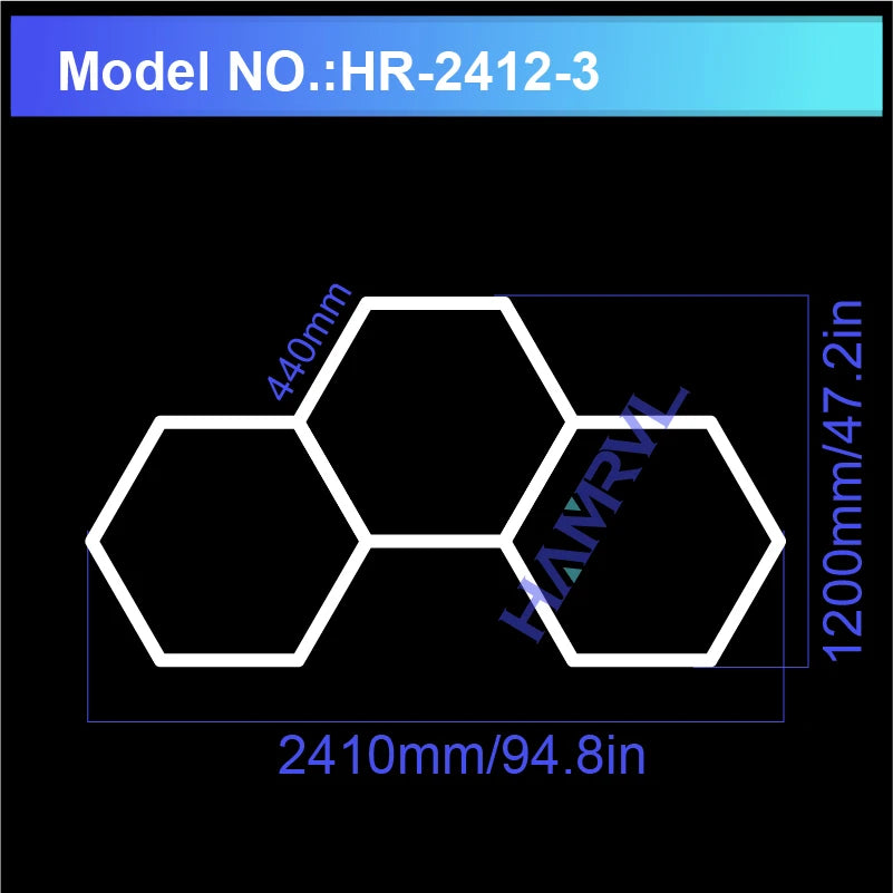Diagramme montrant les dimensions d'un panneau lumineux hexagonal, mesurant 440mm de haut et 1200mm de large.