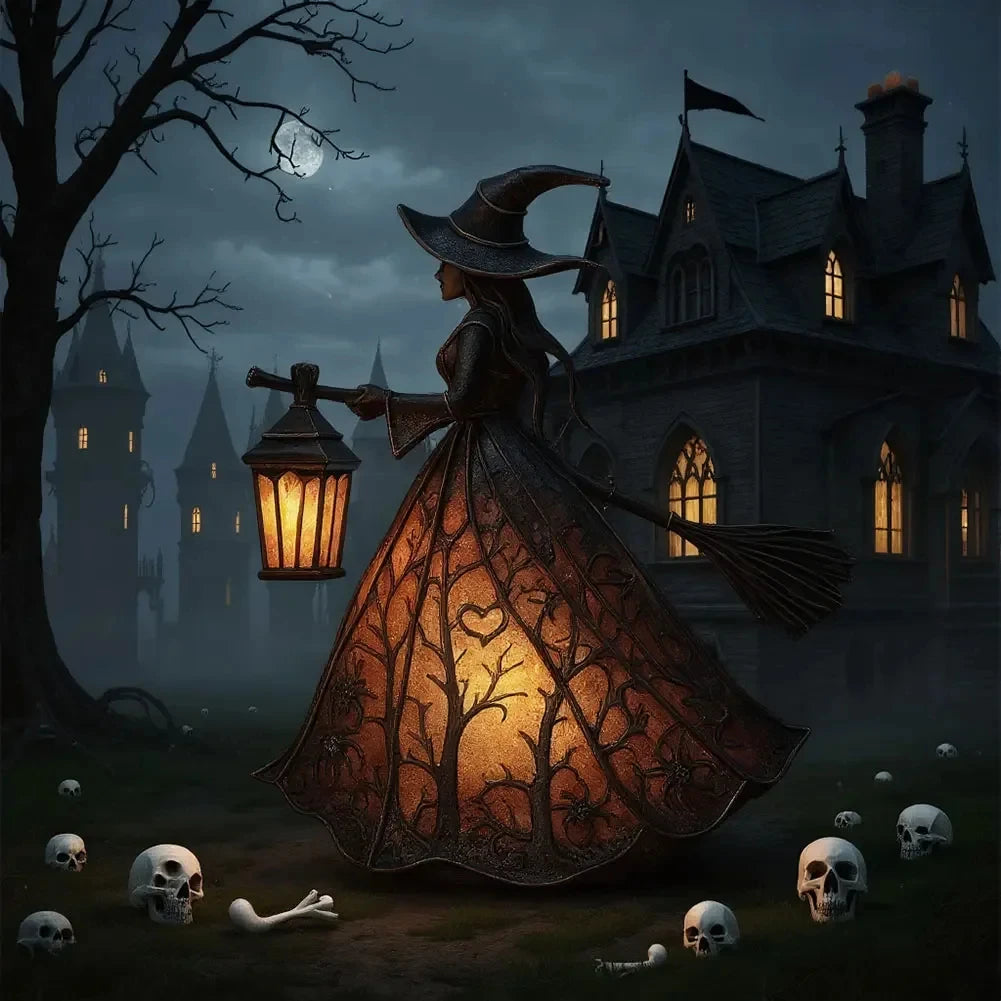 A witch figure with a broom and glowing lantern stands in a dark, foggy graveyard setting.