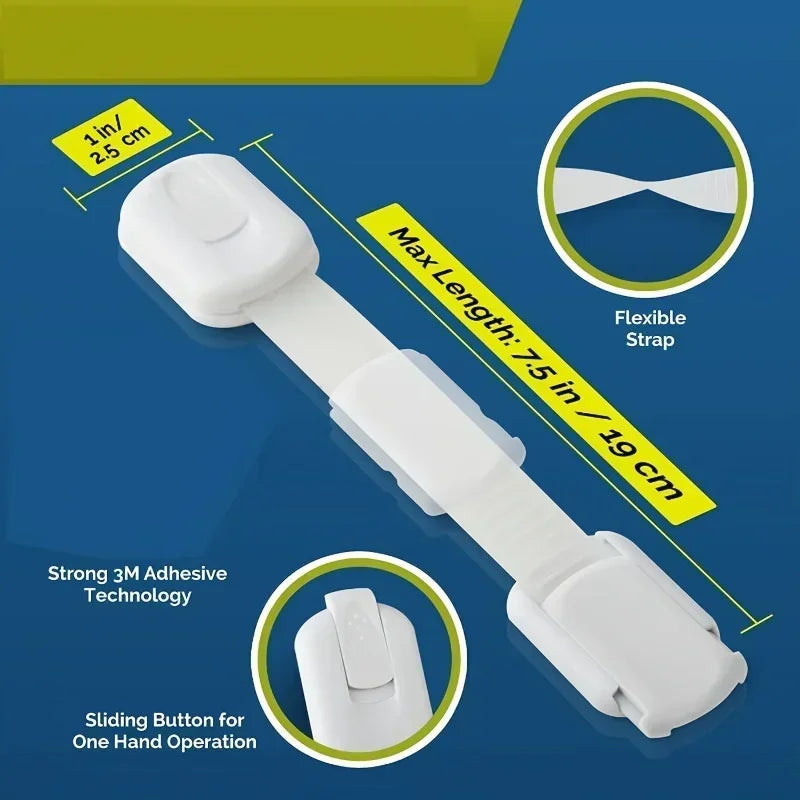 White child safety cabinet lock featuring a flexible strap and a sliding button for one-hand operation.