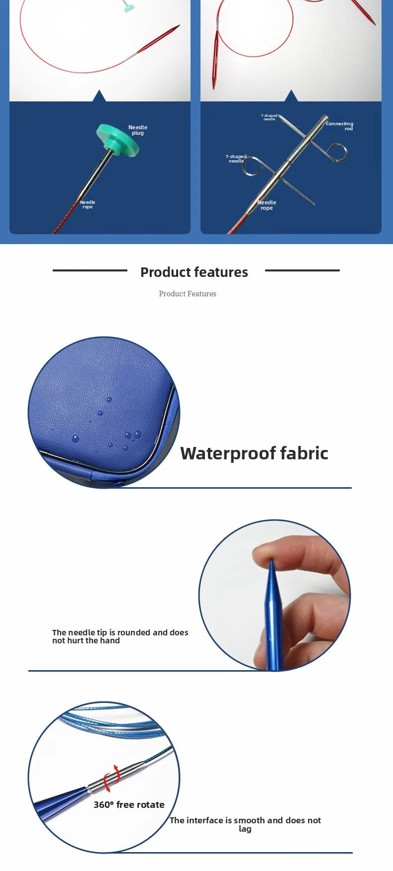 A set of interchangeable circular knitting needles and a waterproof fabric storage case.