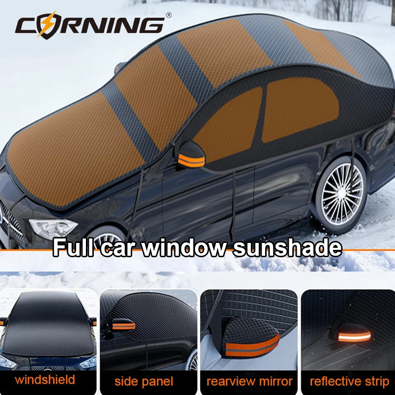 A full car window sunshade covering a black car, shown with close-ups of the windshield, side panel, rearview mirror, and ref