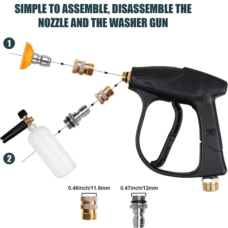 Diagram showing how to assemble and disassemble a foam cannon car wash kit with five metal nozzles and a washer gun.