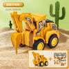 A yellow diecast truck excavator and bulldozer set is shown on sand, with various tools and accessories displayed nearby.