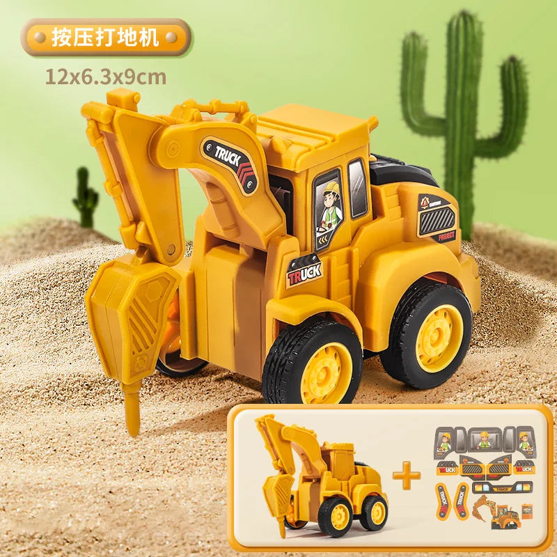 A yellow diecast truck excavator and bulldozer set is shown on sand, with various tools and accessories displayed nearby.