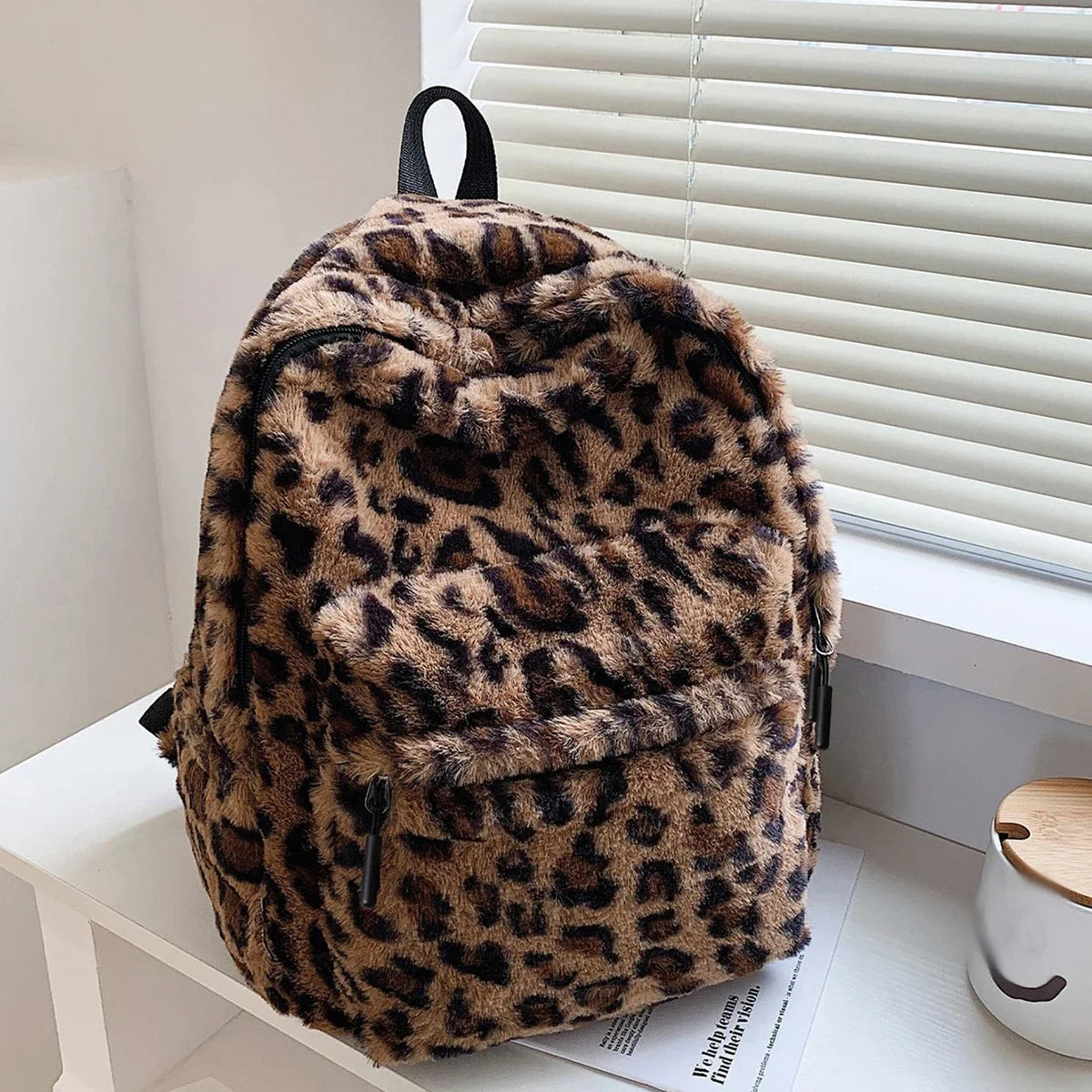 Faux Fur Leopard Print Backpack with Multiple Pockets