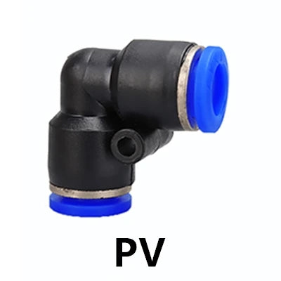 Black industrial pneumatic push-to-connect fitting with blue end caps
