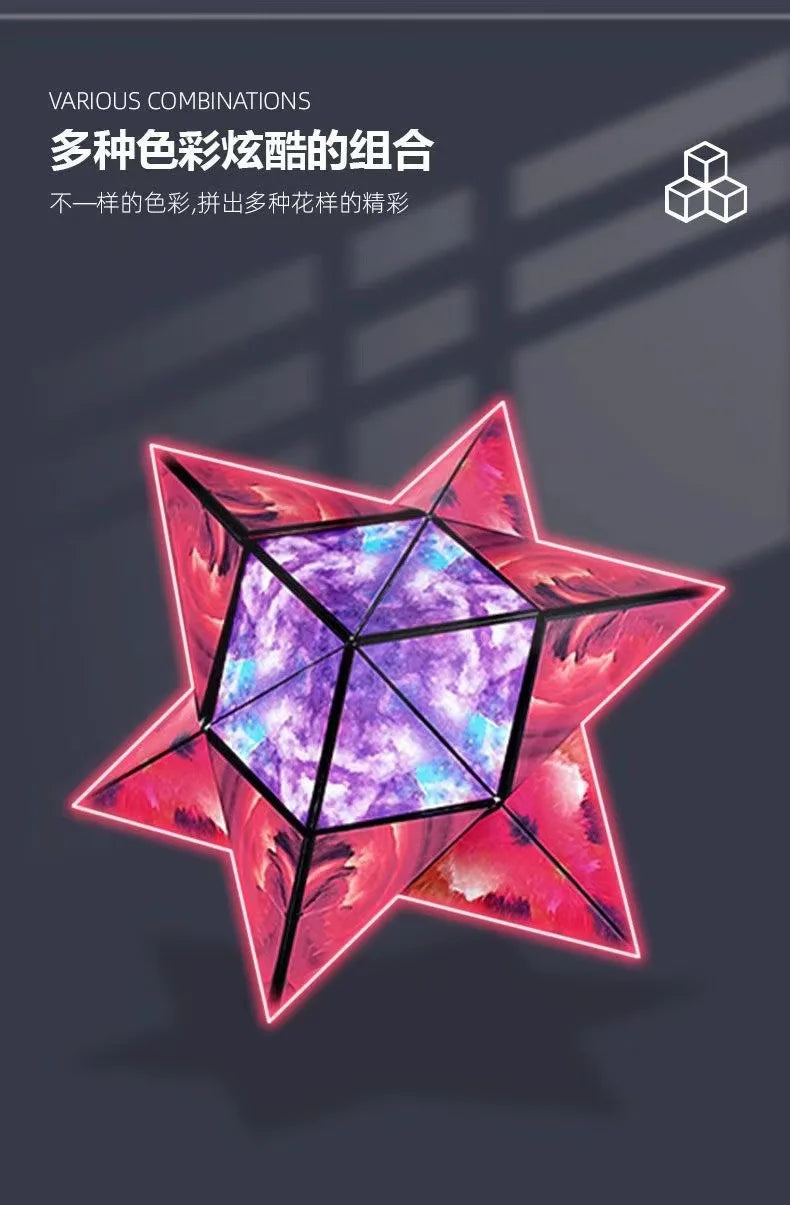 A glowing pink and purple geometric star shape formed by combining different colored crystals.