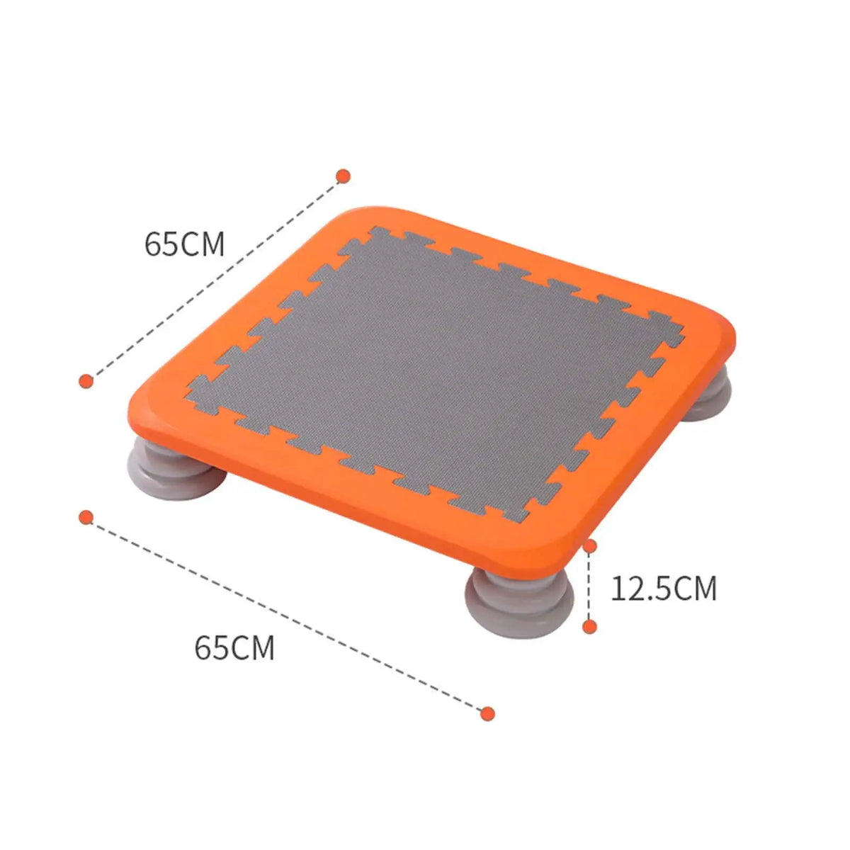 Orange and gray mini trampoline with bungee system shown from above.