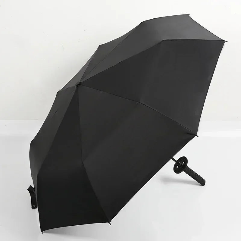 A black, anime-inspired folding parasol or umbrella is shown against a white background.