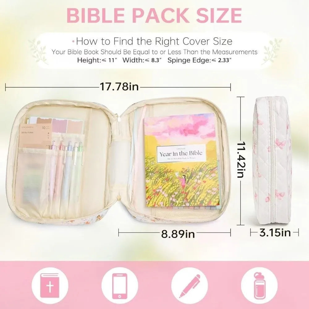 A floral quilted Bible cover with a zipper pocket and carry handle shown open, demonstrating its size relative to measurement