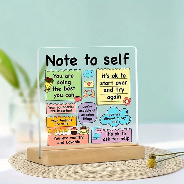 Inspirierendes Acryl-Schreibtischschild mit Holzbasis und positiven Selbstaffirmationsnotizen.