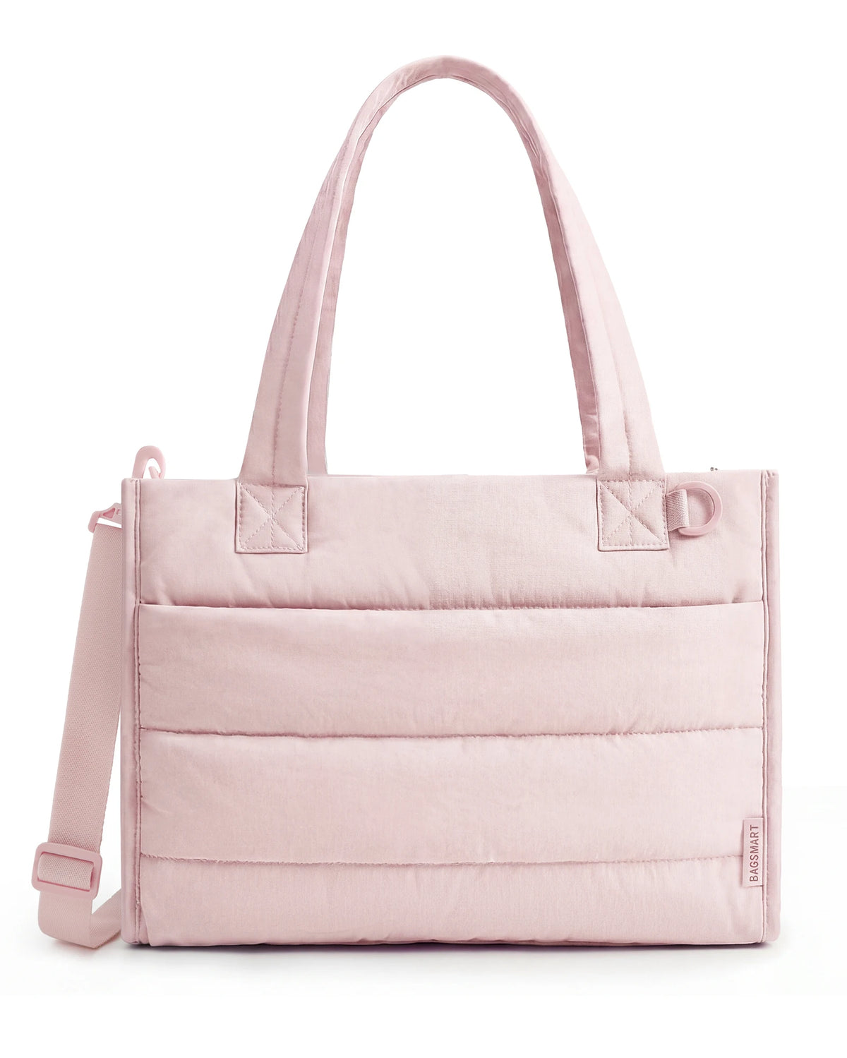 A light pink multi-functional boxy tote bag with a handle and square pockets.