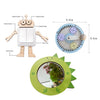 A wooden Montessori busy board kit featuring a doll, gears, and a mirror.