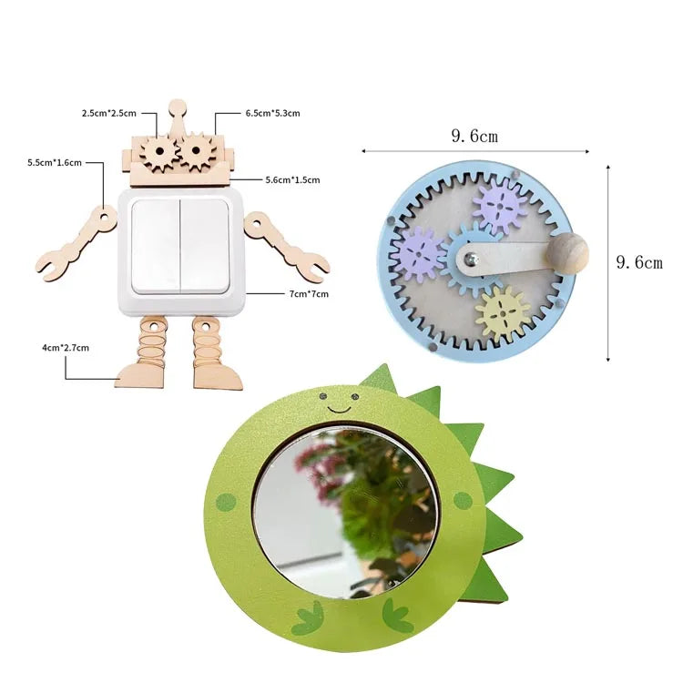 A wooden Montessori busy board kit featuring a doll, gears, and a mirror.