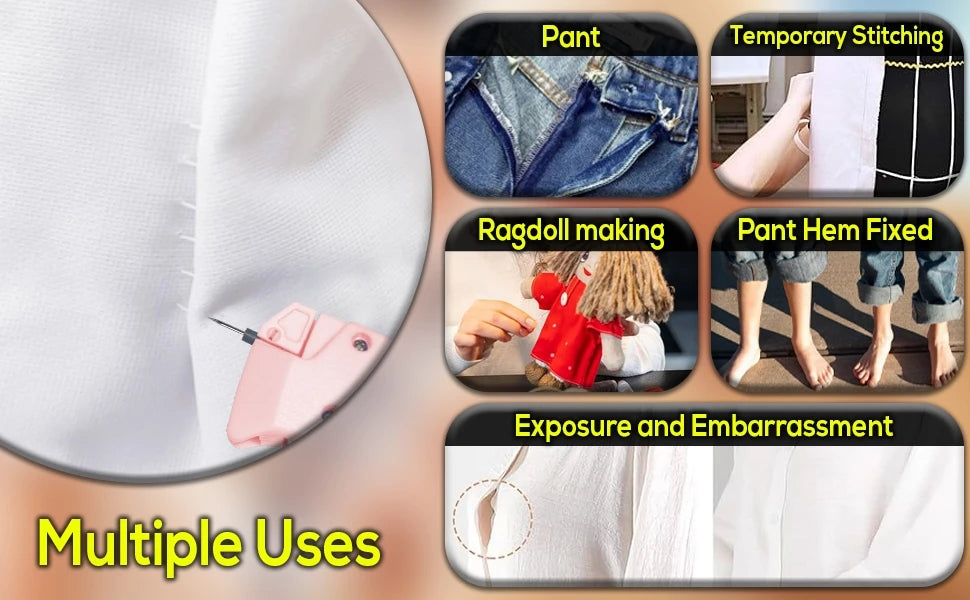 A pink handheld stitching tool is shown with various uses including pant stitching, temporary stitching, ragdoll making, and 