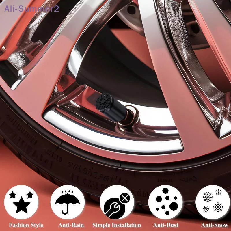 Close-up view of a metallic bullet shell tire valve stem cap with various features listed below the product.