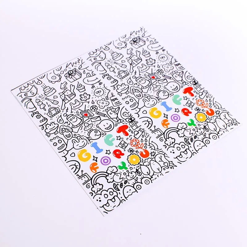 Blatt mit schwarz-weißer Linienkunst in bunten Buchstaben GIFT für Dankeschön-Versiegelungsaufkleber.